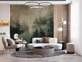 Serene forest scene wallpaper with misty trees in shades of green and gray, evoking a sense of tranquility and connection to nature.